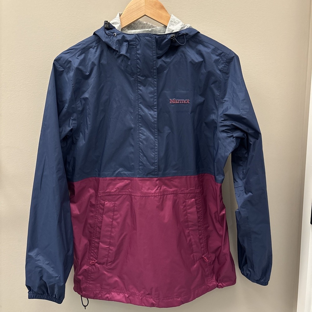 Marmot MED PreCip Eco Anorak Jacket Hooded Rain Waterproof Pullover Blue Magenta